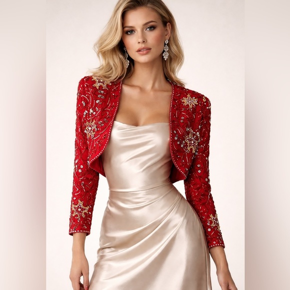 NWT 80’s Vintage Scala 100% Silk Red Heavy Beaded Sequin Bolero Crop Jacket PM